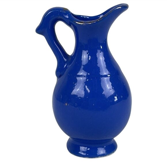 Vintage Blue Ceramic Pitcher With Hand-Painted Floral Design Japan 2.5" Tall - Picture 3 of 8